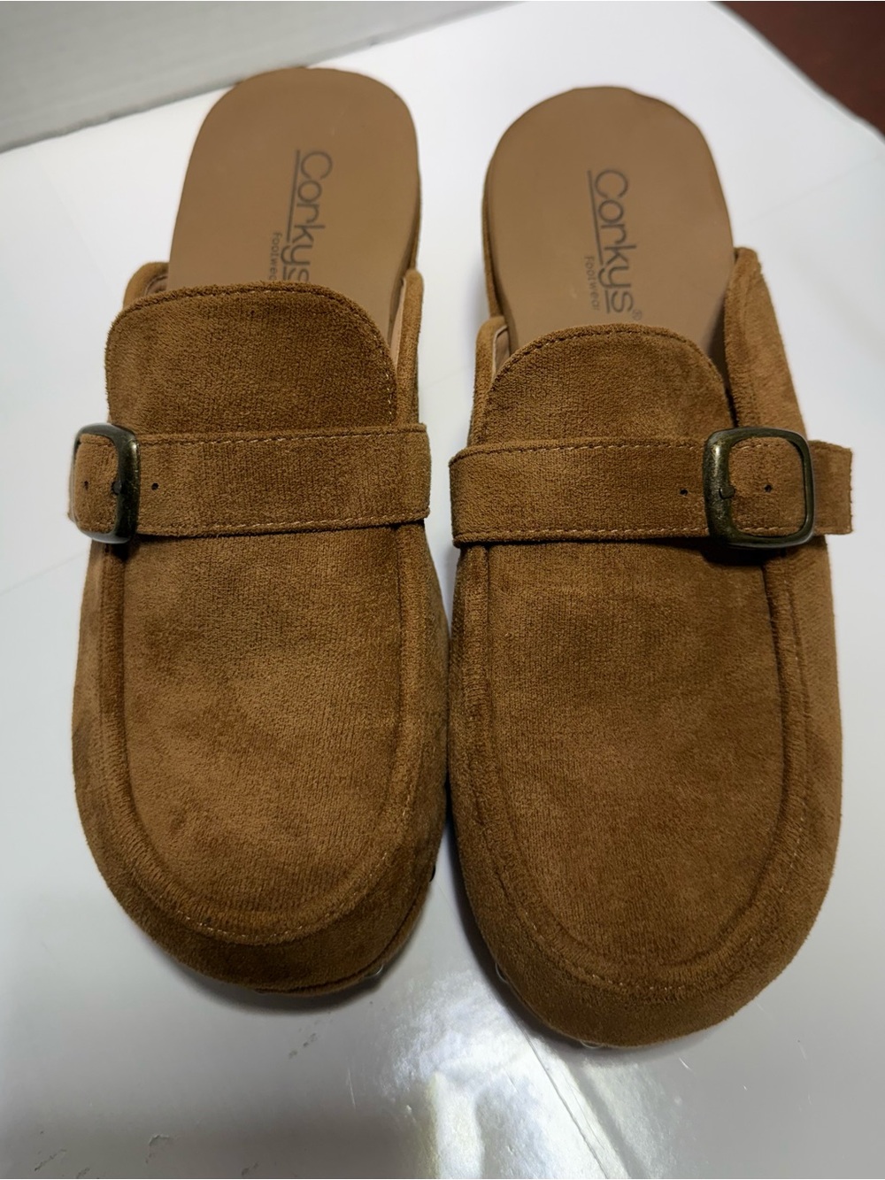 Corkys Buckle faux Suede Slip-On Loafer clogs in Tobacco Brown